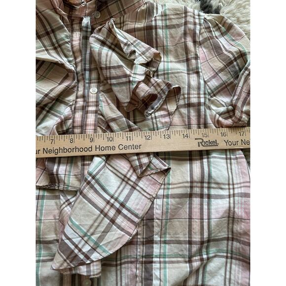 Lauren ralph lauren plaid ruffle front button down shirt peach cream S Petite - Picture 7 of 11